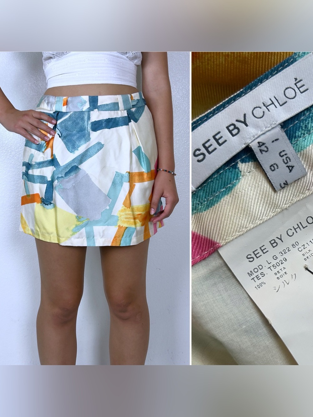 See by Chloe Colorful Silk MINI SKIRT Small/6 pockets abstract print artsy euc